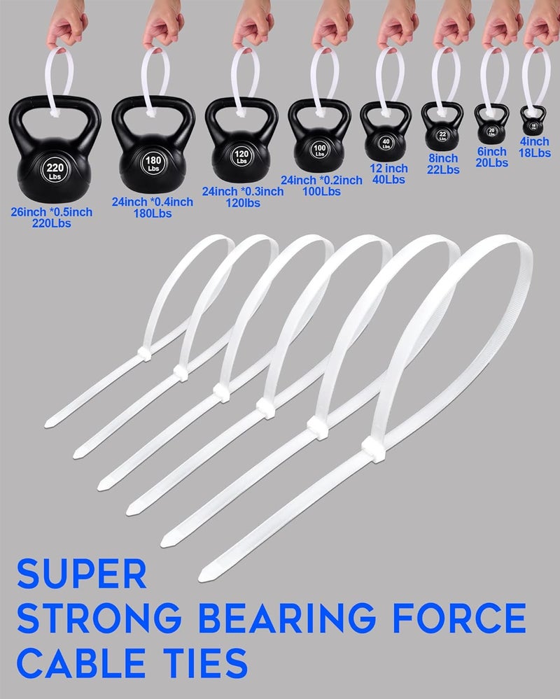 WLEAD Zip Ties, Zip Ties Assorted Sizes(4”+6”+8”+12”), 400 Pack Cable Wire Ties With Self-Locking Adjustable More Durable Nylon UV Resistant Wire Ties for Indoor Outdoor White - Image 2